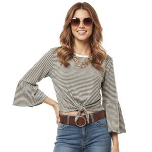 Dex Tie Front Bell Sleeve Grey And White Striped Crop Top Medium